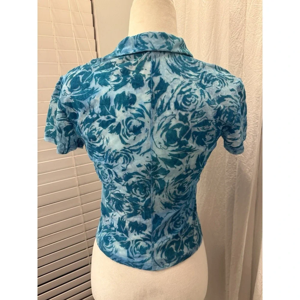 Vtg 90s Y2K Rampage Sheer Velvet Burnout Top Sz M Aqua Floral Ruffle Collar Mesh - Picture 13 of 14